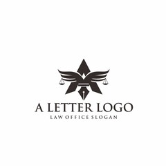 the initial letter A logo formed from a pen, balance sheet and wing is suitable for law office companies