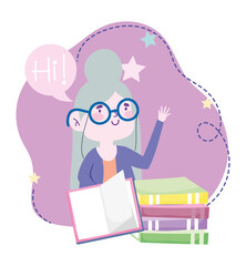 online education, teacher stack of books class, website and mobile training courses