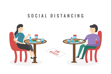 Man and Woman Eating on Table, Social Distancing Concept