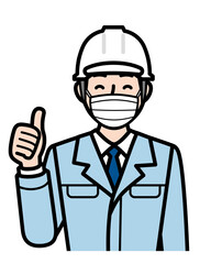 マスク ヘルメット 男性 現場監督 案内 説明 作業員 上半身 親指 いいね