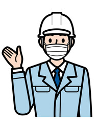 マスク ヘルメット 男性 現場監督 案内 説明 作業員 上半身 右手 