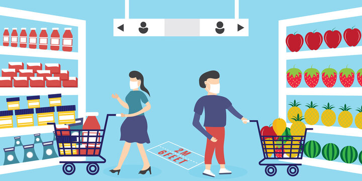 Supermarket queue with safety distance. Store with limited number of persons. Social distancing concept illustration. Covid-19 social distance. People using face mask and social distancing