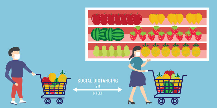 Supermarket queue with safety distance. Store with limited number of persons. Social distancing concept illustration. Covid-19 social distance. People using face mask and social distancing