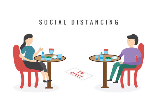 Man and Woman Eating on Table, Social Distancing Concept