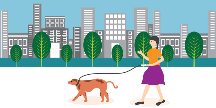 Solo outdoor activities concept. woman walking dog in the park. Flat vector illustration.