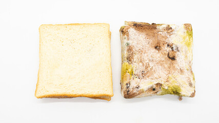 Comparison of Nice Bread with Moldy Bread isolated on white background