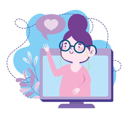 online education, teacher computer waving hand, website and mobile training courses