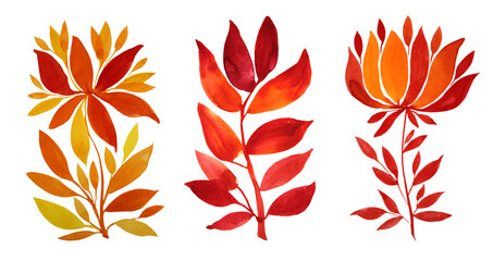 Set watercolor hand-drawn orange and red flower chrysanthemum or lily and autumn leaves isolated on white background. Art creative nature object for sticker, card, wallpaper, textile or wrapping.