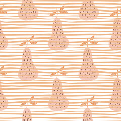 Summer juicy fruit wallpaper. Doodle pears seamless pattern on line background.