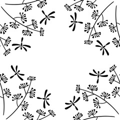 Floral frame. Plants and butterflies, ornament. Hand-drawn illustration. Botanical pattern on a white background.