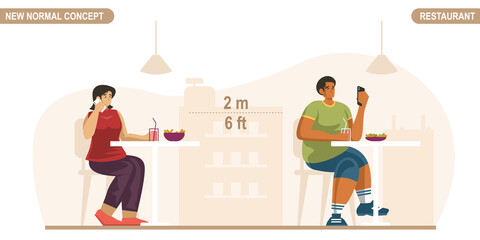 New normal social distancing concept. People sitting on public restaurant, keeping distance to protect from COVID-19 Coronavirus. Scalable and editable vector illustration.