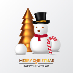 elegant luxury merry christmas and happy new year. illustration of 3D sculpture golden pine christmas tree with snowball, snowman with hat, and candy cone.