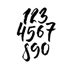 Set of calligraphic ink numbers. Dry brush lettering. Vector illustration.