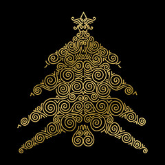 Christmas element for holiday card. Gold Christmas tree on black background. Vector Illustration.