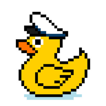 Duck. Pixel captain duck image with hat. Vector Illustration of pixel art.