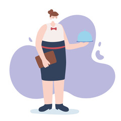 thank you essential workers concept, waitress character carrying platter, professional character wearing face mask