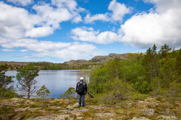 Fototapeta na wymiar On a hike to Lake Vaagsvatnet a great summer day, Sømna municipality in Northern Norway