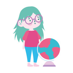 little student girl with globe map cartoon character isolated icon