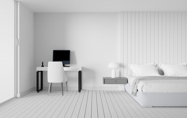 minimal bedroom and workspace interior 3d render white room style