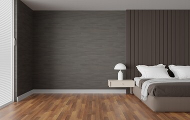 stylish bedroom interior design with bed and wooden floor 3d render