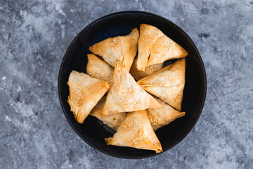 plant-based food, vegan tofu and peas samosas