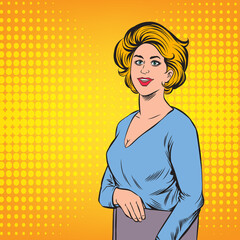 The gentle smile of a young woman, She holds an important document. Pop art retro illustration comic Style Vector, Separate images of people from the background.