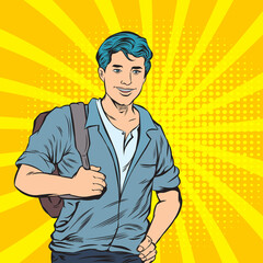 Smiling man, shoulder bag, Office worker concept. Pop art retro illustration comic Style Vector, Separate images of people from the background.