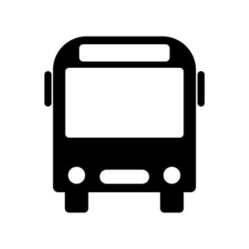 Vector bus silhouette icon. Front graphic image of public transport. Means for traveling schoolchildren. Illustration of a commercial city route. Stock Photo.