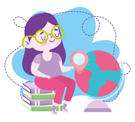 online education, student girl sitting on books and globe map, website and mobile training courses