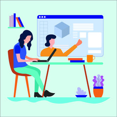 Student Learning Online at Home. Character Sitting at Desk, Looking at Laptop. Online Education Concept. Flat Isometric Vector Illustration.