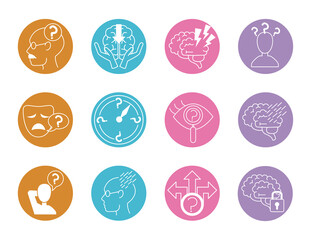 alzheimer disease, decrease in mental human ability icons set line style