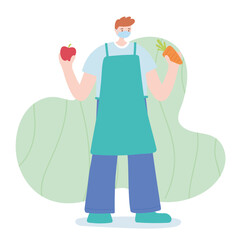 thank you essential workers concept, farmer with apple and carrot, professional character wearing face mask