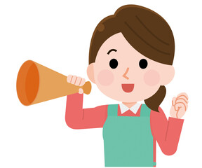 メガホンで声援を送る　エプロンの女性店員　イラスト