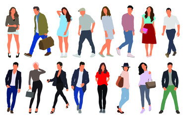 Cartoon men and women walking outdoors in the city. Flat colorful vector illustration