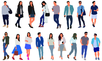 Cartoon men and women walking outdoors in the city. Flat colorful vector illustration