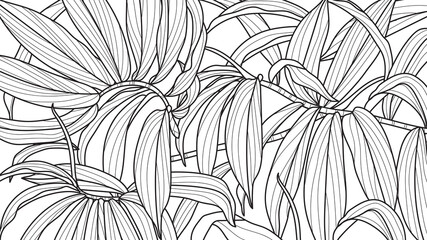 Hand drawn  leaves line arts ink drawing background, Abstract leaf vector pattern, Tropical leaves design for fabric, Wrapping paper and prints, Vector illustration.