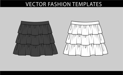 SKIRT fashion flat sketch template, mini skirt front and back