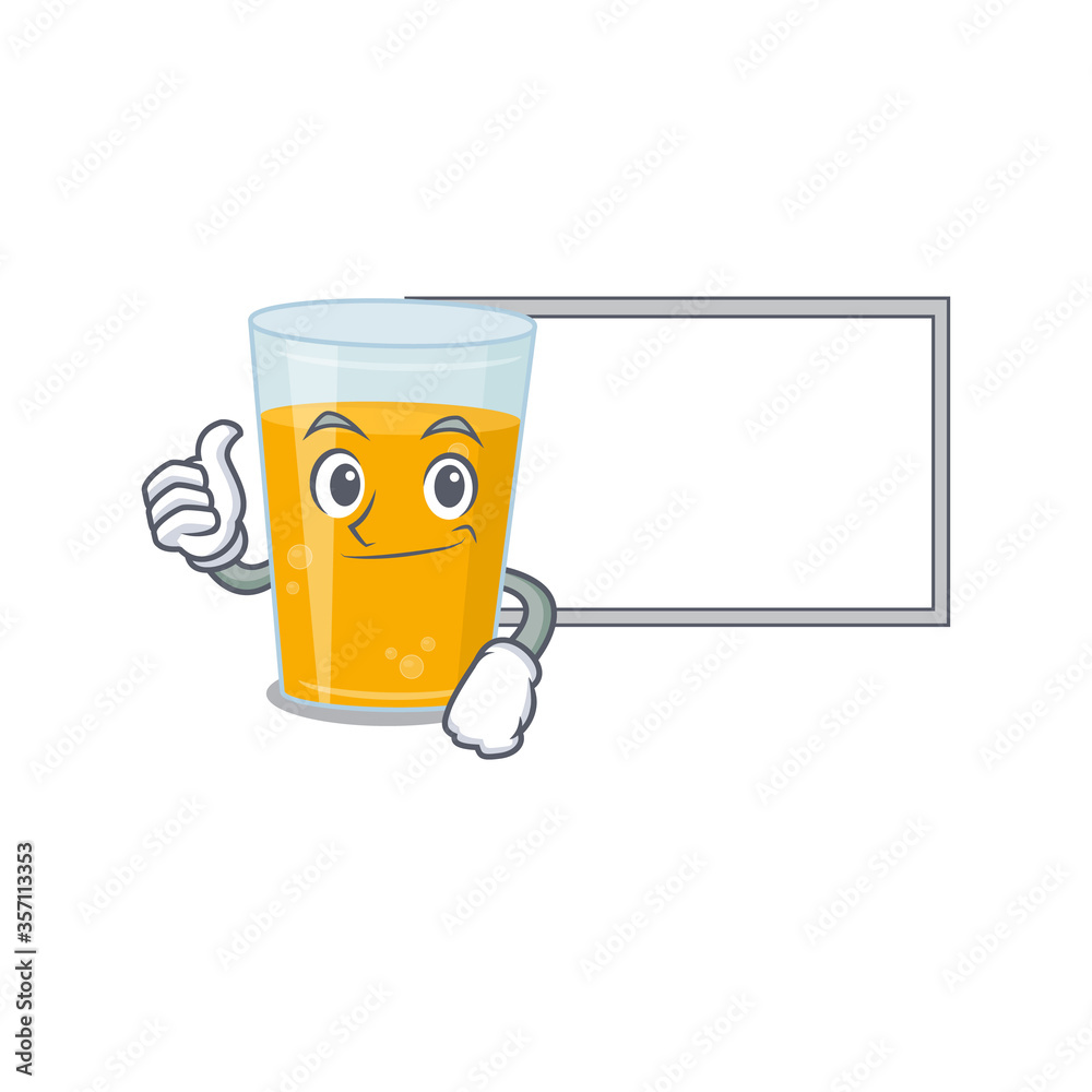 Wall mural Glass of orange juice cartoon design with Thumbs up finger bring a white board