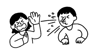 くしゃみする私服男性と嫌がる私服女性（シンプル）