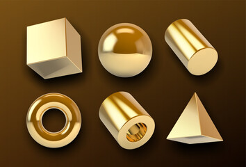 Collection of golden 3D vector shapes with realistic metallic shine and reflections