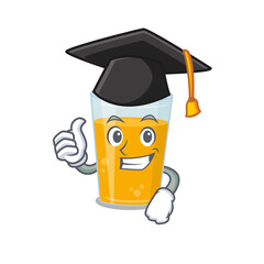 Happy proud of glass of orange juice caricature design with hat for graduation ceremony