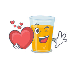 A sweet glass of orange juice cartoon character style holding a big heart