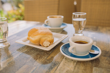 Tasty  breakfast on summer terrace on vacation.