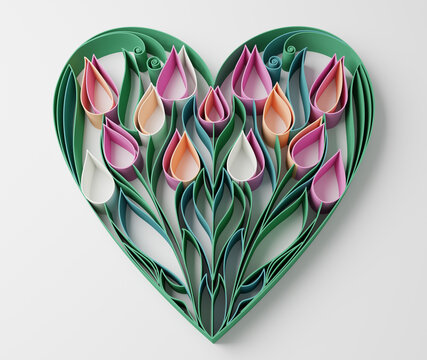 Paper quilling of tulip in heart shape on white