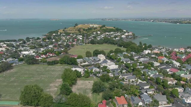 Aerial: Devonport suburb & North head, Auckland, New Zealand
