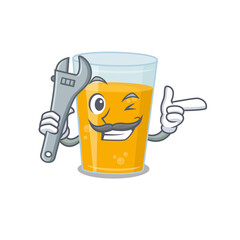 A caricature picture of glass of orange juice working as a mechanic