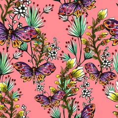 Foto auf Acrylglas Amazon paradise botanical blossom foliage bouquet watercolor colorful seamless pattern for fabric print fashion backdrop © HoyaBouquet