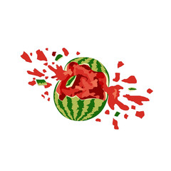 Broken crashed smashed watermelon on white background. Vector cracked watermelon. Watermelon splash. Isolated tropical fruit illustration. Green and red ripe fruit.