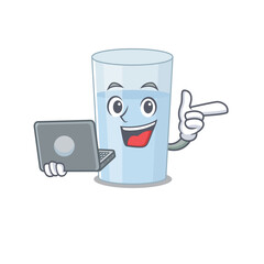 Smart cartoon character of glass of water studying at home with a laptop