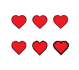Pixelated heart icon set. low resolution. vector gaming design. Isolated illustration of hearts from pixel to stroke. Motion graphics element. Low quality graphics